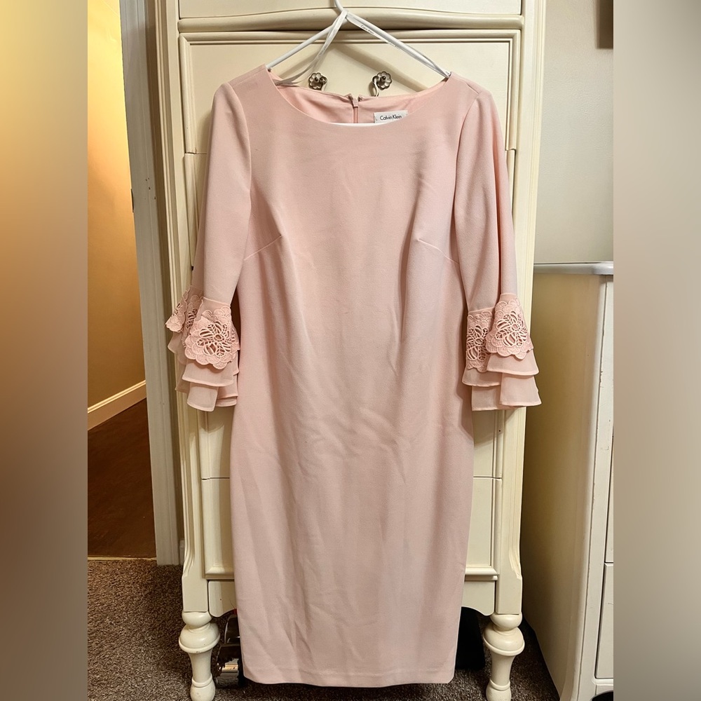 Blush Pink Calvin Klein Cocktail Dress (3/4 Sleeve), Size 8